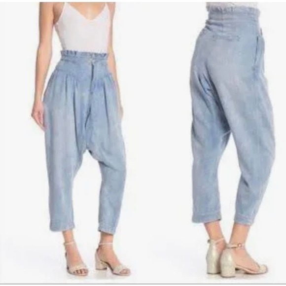 Free People Denim - Free People Mover Shaker High Waist Pleated Cropped Paper Bag Jeans Blue Women 2